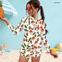Girls Long Sleeve Front Zip Printed White Two Piece Swimsuit With Shorts 170 white