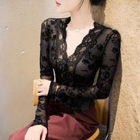 Women's Fluffy V-Neck Lace Base Layer: Sexy, Slim Fit Long Sleeve Top for Autumn/Winter 2025 S 80-90 lbs black