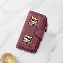 Fashionable long wallet with corgi computer worker wearing glasses print design eye catching multifunctional portable coin purse with clasp large vyno raudonos spalvos