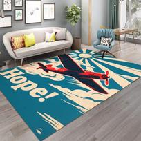 Aviator Theme Carpet Black Airplane Map Design Retro Compass Pattern Large Area Rug for Living Room Home Decor 50X80CM