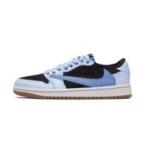Travis Scott x Jordan Air Jordan 1 Blue Black Barb Leather Cushioning Slip Resistant Low top Vintage Basketball Shoes DZ4137-700(Team-) 42.5