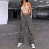 Women's Street Fashion Multi-Pocket Cargo Straight Leg High Waist Slim Fit Khaki Denim Pants L pilka spalva