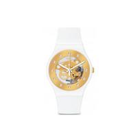 Swatch Originals Series Quartz Movement 30M Water Resistant Watch 41Mm Gold Dial Plastic Case Silicone Strap Women watches SUOZ148 White beige
