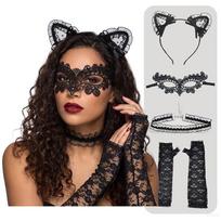 Helovino vakarėlio katės ausų lankelis su nėriniu varpeliu Choker rinkinys Cosplay kostiumo aksesuaras Moteriškas festivalio persirengimo aksesuaras Polka Dot Hairband 4-Piece Set black