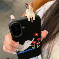3D dėklas telefonui iPhone 11 13 17 Pro Max 17 Air Case iPhone 13 15 16 Pro Max 12 14 Pro Max 14 15 Plus Mielas 3D kačiukas Animacinis odinis iPhone 17 Air juoda