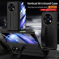 For Vivo X Fold6 Fold 6 Luxury Silicone Fabric 180° Folding Case Vertical Wristband & Integrated Stand and Glass Front Film black