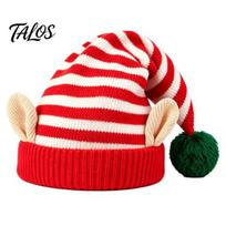 Striped Christmas Hat Elf with Ears And Pom Pom, Knitted Holiday Costume Props for Adults Santa Hat, Soft Warm Kids, Party Comfortable Knit Cap Winter B red