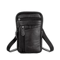 Genuine Leather Crossbody Phone Bag Single/Double Layer Messenger Bag Phone Chest Bag  Men's Black-Single Layer