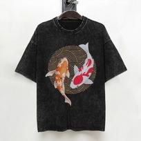 Japoninis karpis Koi Žiedų vyšnia T-shirt Skalbta medvilnė Gatvės T-shirt Retro Vyrams Moterims Streetwear Spausdinti Viršutiniai marškinėliai M black