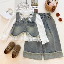 Girls' Lace-Trim Denim Three-Piece Set: Sleeveless Shirt, Wide-Leg Pants, Raw Hem - Autumn 2026 Collection 110 cm gray
