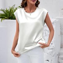 Moteriška satino palaidinė Vasariniai marškiniai Apvalia kaklo iškirpte Berankovė Laisvo kirpimo Business Casual viršutinė dalis XXL balta