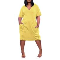 Summer Plus Size V Neck Short Sleeve Knee Pocket Soild Color Casual Dress For  Women XL geltona