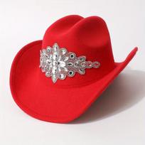 New pattern rhinestone western cowboy hat trendy fashion hat autumn and winter women's party performance jazz top hat M（56-58cm） raudona