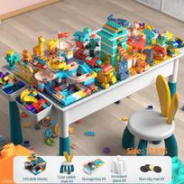 ToylinX Dvidalis Vaikų Veiklos Stalas su Laikymo Vieta, Didelis Bėgimo Takelis, Statybinių Kaladėlių Stalas, 6-in-1 Daugiafunkcinis Vandens Valgymo Stalas Mažyliui