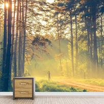 Golden Sun Misty Forest Wallpaper Path Tall Trees Nature Landscape Wall Mural 200 cm(W) x 140 cm(H) beige