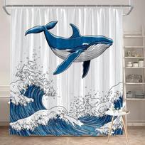 Blue Whale Ukiyo-e Shower Curtain – Majestic Whale Over Turbulent Waves, 70x70  Polyester with Hooks, Serene Nature Bath Decor W150xH180cm blue