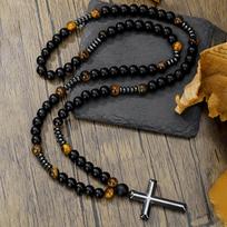 Natūralus čakros akmenų rožančiaus karoliai Juodo obsidiano karoliukų grandinėlė Kryžiaus pakabukas Ilgi maldos karoliai Unisex madingi papuošalai ZJ13029 black