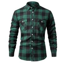 Men's Plaid Cotton Shirt Flannel Double Pocket Cover Casual Outerwear Breathable Machine Washable Anti-tear Quick-drying Spring Autumn XXXL žalia
