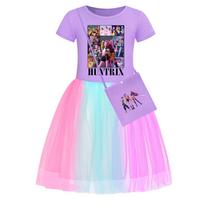 Kpop Demon Hunters Girl Toddler Dress With Rainbow Lace And Pleated Skirt For Summer Play Short Purple,140cm pink
