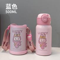 Labubu Children's Thermos Cup 111 Stainless Steel Straw Water Cup High Value Cartoon Double Drink Student Bouncing Cup 500ml gray
