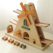 Young children Nordic wind wooden windmill track glide car exercise baby hand-eye coordination mini pull-back car toy beige