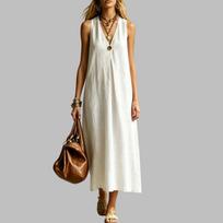 Sleeveless V Neck Linen Maxi Dress for Women Summer Casual Loose Fit Long Dress with Button Detail Lightweight Breathable Fabric M balta