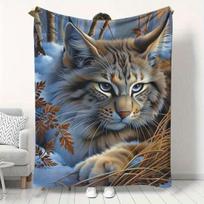 Contemporary Lynx & Forest Print Flannel Blanket - Soft Warm All-Season Throw for Sofa, Bed, Camping & Travel - Durable Cozy Home Decor with Nature-In 75X95CM gray