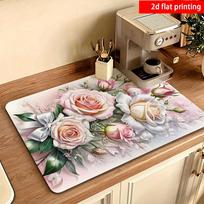 1Pcs Rubber Drying Mat With Classical Rose Print Tableware For Coffee Shop Restaurant Kitchen Carpet Tableware Durable Diatom 30*40cm gray