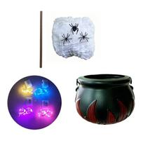 Mini Light up Halloween Cauldron Decoration Set with Stirring Stick and Theme Figures for Room Display and Party Tables gray
