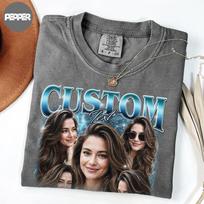 Individualus nuotraukų koliažo marškinėlis, Marškinėlis su personalizuotu vardu, Bootleg stiliaus marškinėlis 110 gray
