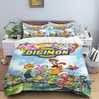 Digimon Cartoon 3D-Printed Bedding Set—Includes Duvet Cover and Pillowcases—Available for Single, Double, King, and Queen-Sized 135X200cm gray