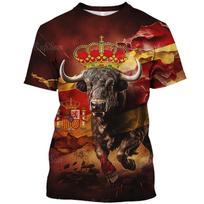 Vintage T Shirt For Men Animal Spanish Bullfighting Graphic T-shirts 3d Print Short-sleeved Tees Oversized Loose Tops Streetwear XS brown