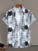 Summer essential! Cute Cat Print Short Sleeve Shirt, Casual Button-Up. L gray