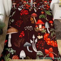 Mushroom Duvet Cover Watercolor Fungus Bedding Set Wild Botanical Comforter Cover Set Retro Leaf Pattern Polyester Quilt Cover EU Single 135*200cm/53x79in 3pcs