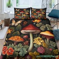 Mushroom Duvet Cover Watercolor Fungus Bedding Set Wild Botanical Comforter Cover Set Retro Leaf Pattern Polyester Quilt Cover EU Single 135*200cm/53x79in 3pcs black