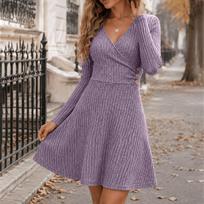 Women's Ribbed Knit Dress, V-Neck Long Sleeve A-Line with Fitted Waist for Casual Wear XXXL