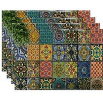 Vintage Moroccan Table Mat Placemats With Colorful Geometric Ethic Pattern For Boho Dining Table Decor Exotic Theme Washable 4PCS black