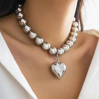 Punk Big Love Heart Pendant Choker Necklace Women Vintage Chunky Heavy CCB Beads Chain Grunge Jewelry Accessories Steampunk Men beige