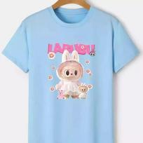 2025 New Children's T-shirt Wearing Princess Skirt LABUBU Printed Round Neck Short Sleeved Casual Girl's Top 140 white