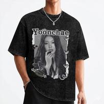 Yoonchae Katseyes Kpop Girl Group T Shirt Washed Short Sleeve Harajuku T-Shirts Men Women Streetwear Graphic Printed Tee Shirt S black
