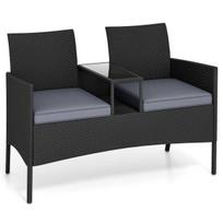 Lauko dvivietis suolas su įmontuotu staliuku ir pagalvėlėmis, juodas/pilkas, 126 × 62 × 84 cm
