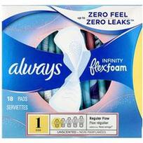 Always, „Infinity Flex Foam“ putplasčio įklotai su „Flexi-Wings“, 1 dydis, įprastos tėkmės, bekvapiai, 18 įklotų