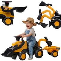 Paspiriamas traktorius vaikams su priekaba, grėbliu ir kastuvu – tylūs ratai, 1–3 metų vaikams FALK JCB