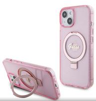 Nugarėlės dėklai Guess Apple iPhone 15 IML Ring Stand Glitter MagSafe Case Pink