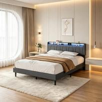 Lova 140×200 cm, su LED apšvietimu ir USB/C jungtimi, jaunimo lova su grotelėmis, pilka, lininė.