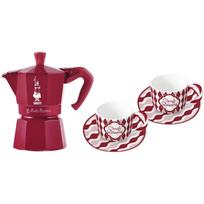 Bialetti kavos virimo aparatas Moka Express 3TZ 5460, 130ml, 2 puodeliai, 2 lėkštutės, aliuminis, porcelianas, raudona
