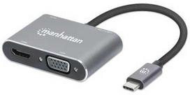 Manhattan USB-C doko stotelė / šakotuvas, prievadai (x4): HDMI, USB-A, USB-C ir VGA, su maitinimo perdavimu (PD) 87 W – reikalingas išorinis USB-C įkroviklis (nepridedamas). Maitinamas per USB (išorinio maitinimo šaltinio nereikia), kai PD nenaudojamas, aliuminis, laidinis, USB 3.2 Gen 1 (3.1 Gen 1) Type-C, pilka, 5Gbit/s, 3840 x 2160 pikselių, 60 Hz (Atnaujinta)