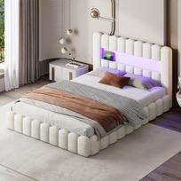 Dvigulė lova 160x200 cm, apmušta lova su daiktadėže, LED ir USB, balkšva, lininis