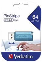 „Verbatim“ USB atmintinė, USB 2.0, 64GB, „PinStripe“, „Store N Go“, mėlyna, 49961, USB A, su ištraukiama jungtimi