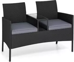 Lauko dvivietis suolas su įmontuotu staliuku ir pagalvėlėmis, juodas/pilkas, 126 × 62 × 84 cm